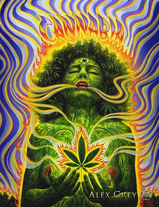 "Cannabia" By Alex Grey Beautiful Green Goddess Of Cannabis with Smoke and Weed plants for Hair