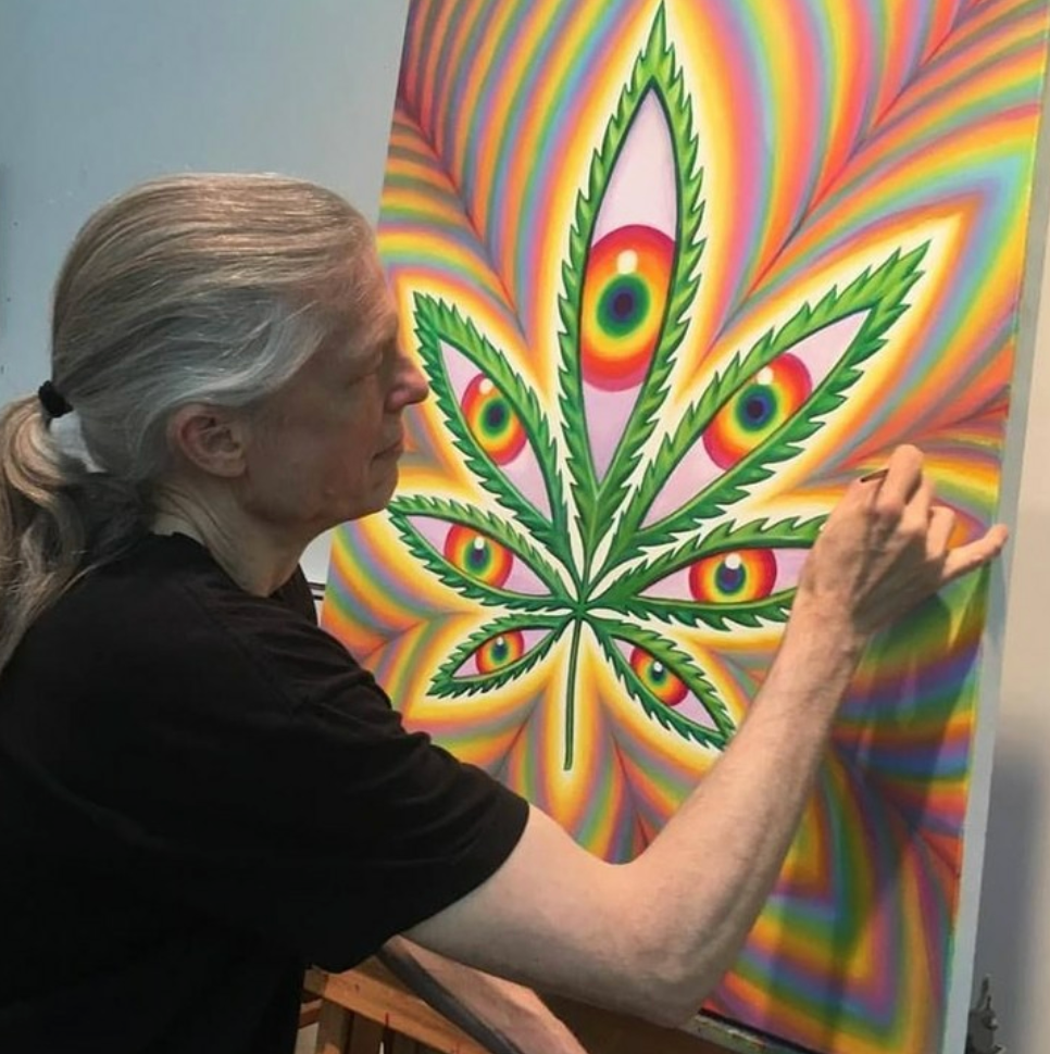 Alex Grey Working on the Higher Vision Cannabis Painting
